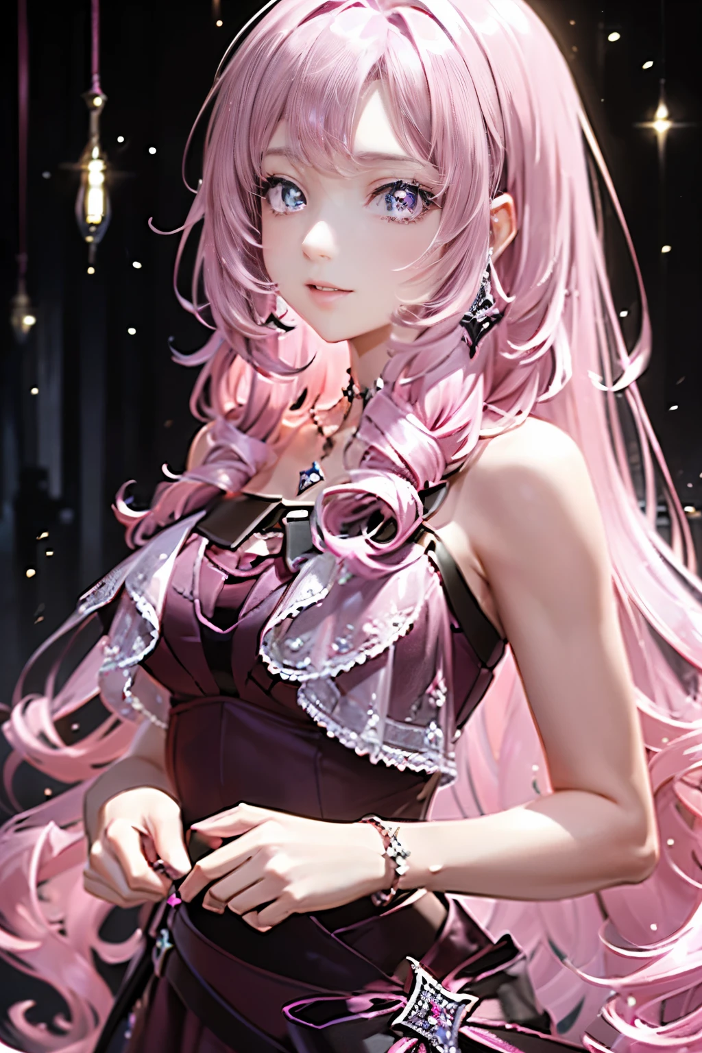 Masterpiece, best quality, extra detail, (beautiful girl), (light pink rolling hair), (dark red and black gorgeous dresany jewelry), sharp light pink eyes, dark smile, jewelry’s rain, shiny, brightly, dramatic lighting