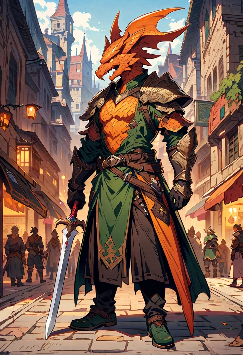 DnD character art, fantasy warrior with dragon head helmet and orange scales holding sword in hand standing on city street, green , black leather gloves, high details, in the style of fantasy.