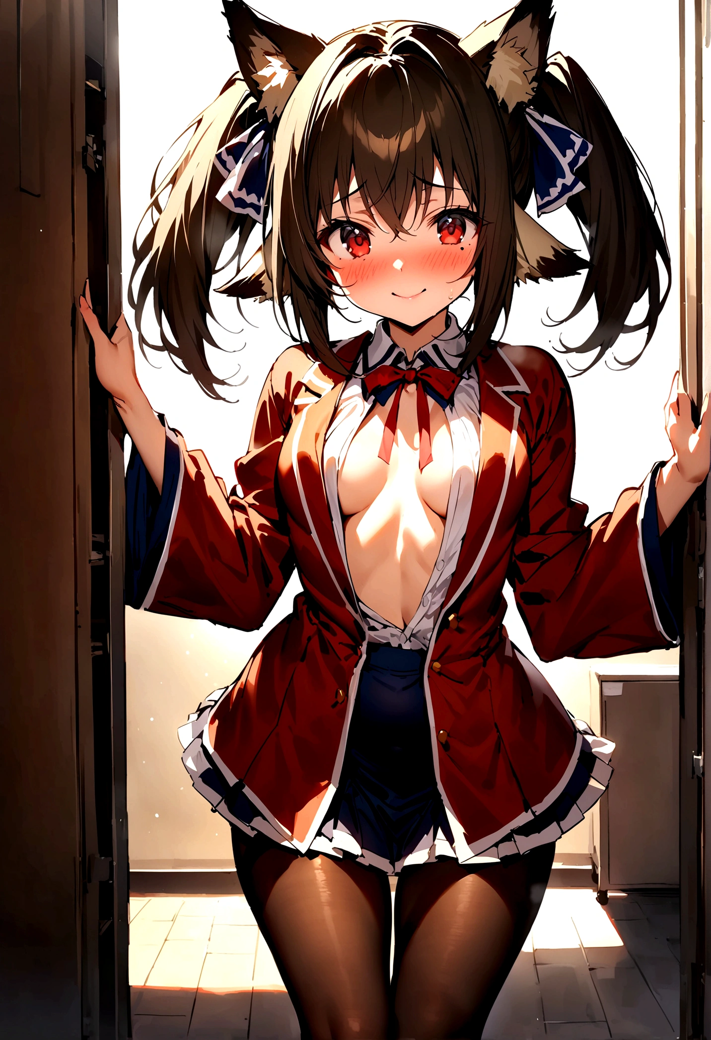 NSFW,masterpiece,Highest quality,High resolution,Super detailed,nekone \(utawarerumono\),Brown Hair、（Red Eye：1.3）、ribbon、Animal Ears、Twin tails、ヘアribbon、Mole、目の下のMole,Small breasts,uniform,kimono,mini skirt,pantyhose,Embarrassed,blush,Expecting face,Seduce,smile,School,locker room,Spoiled,Open clothes