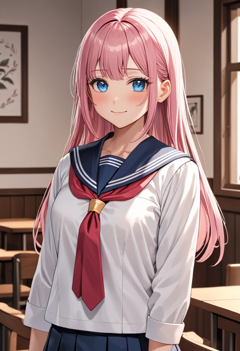 (masterpiece, top quality, very aesthetic, 4k、), intricate detail, 1girl,stand、(cowboy shot)、light smile、(Super long sideburns)、
Cute 、pink hair、straight hair,middle hair,sidelock ,high school girl,blue eyes、serafuku、sailor uniform、small breasts,Slim 、