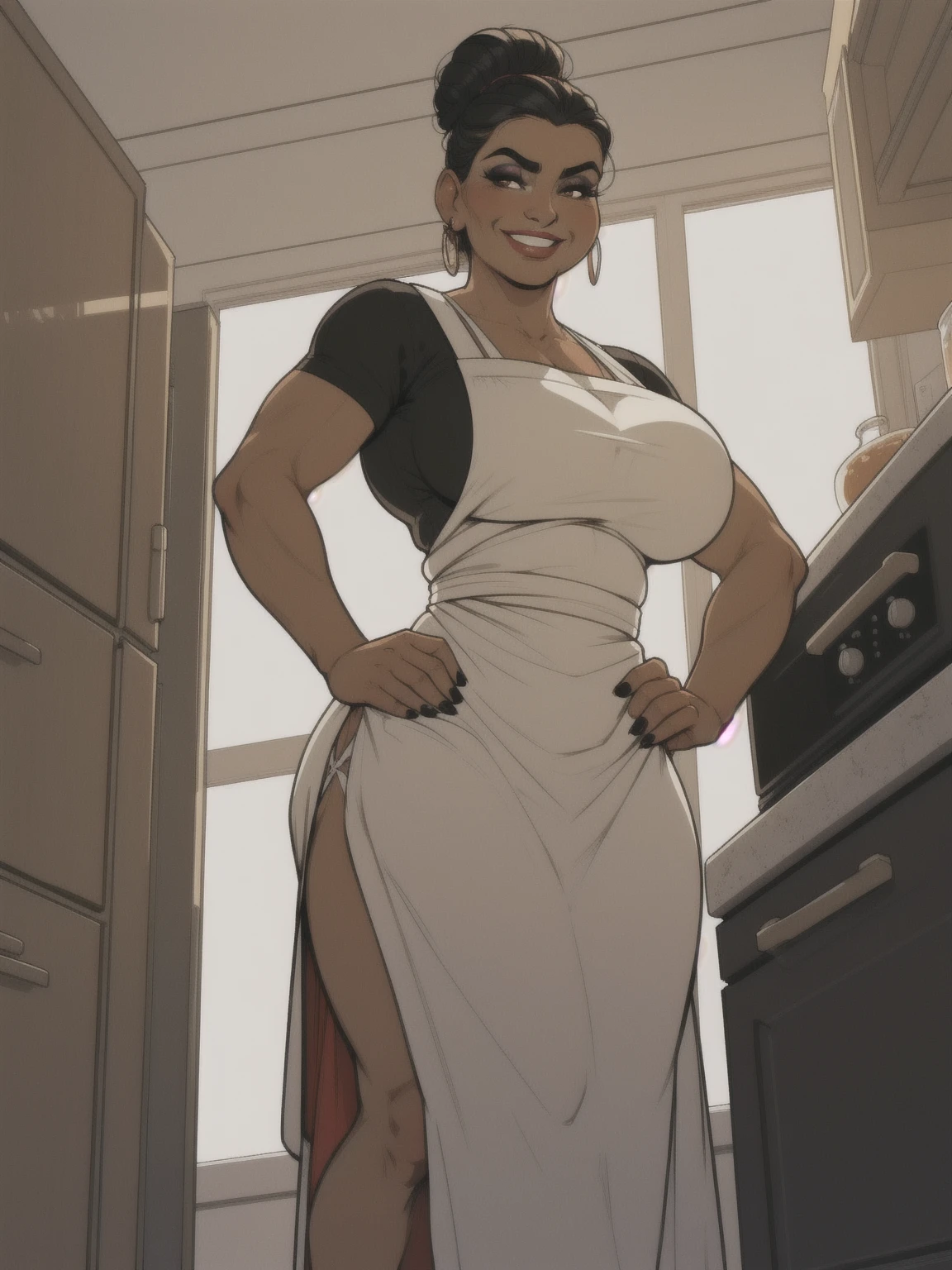 mature woman, solo, 1woman, retro, wearing dress and apron, (tanned skin:1.3), latina, standing in kitchen, modern kitchen, (huge breasts:1.1), muscular, black hair, updo, hair bun, makeup, looking down at viewer, hands on hips, (from below:1.3), (extremely low angle:1.2), smiling, incase