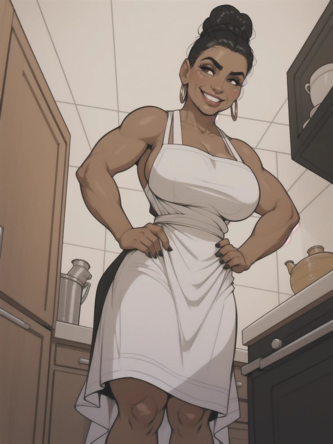 mature woman, solo, 1woman, retro, wearing dress and apron, (tanned skin:1.3), latina, standing in kitchen, modern kitchen, (huge breasts:1.1), muscular, black hair, updo, hair bun, makeup, looking down at viewer, hands on hips, (from below:1.3), (extremely low angle:1.2), smiling, incase