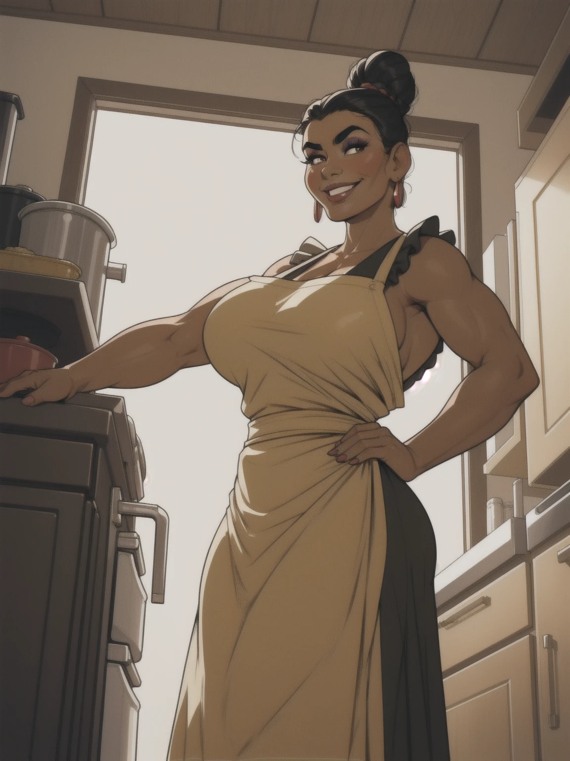 mature woman, solo, 1woman, retro, wearing dress and apron, (tanned skin:1.3), latina, standing in kitchen, modern kitchen, (huge breasts:1.1), muscular, black hair, updo, hair bun, makeup, looking down at viewer, hands on hips, (from below:1.3), (extremely low angle:1.2), smiling, incase