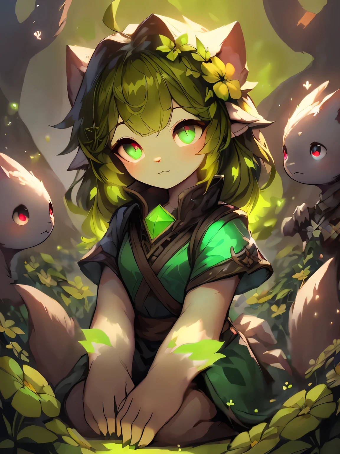  ((((Renowned guardian, radiating serenity, top performance, revealed tact, ultra high resolution)))), 1girl, calm, sitting, ((long, wavy, green hair:1.1)) tied with flowers, petit frame, pale skin, ((emerald eyes:1.2)), ((vibrant, manifests naturecolored eyes:1.3)), (((ultra detailed face:0.8, ethereal darling, delicate features:1.1))), (((only upper body in view, enchanting)))), (quiet forest glade, soft gentle sunlight)), (open eyes peering through feathery bangs, in thought), medium breasts,Quick Schulz – General Thoughts elder like features, muscular arms showing her strength, delicate hands, (wearing forest ACTHIR or medieval clothes), (limited hand gestures, deep connection to nature), (wearing garlands of flowers around her neck), ((greenish natural glow, FairytaleGenerator:1.8)), (looking meditatively at clover or blossoming flower), (bunny or squirrel companion nearby), 18 years old, Obra maestra, patience, classic Portrait, (((ethereal float, place within the portrait: 0.7nd, soft focused,, transparent particles:0.9, vibrant colors:0.8, half accurate objects:0.5, fantasy element :1.28)), ((springlike setting between flowers))