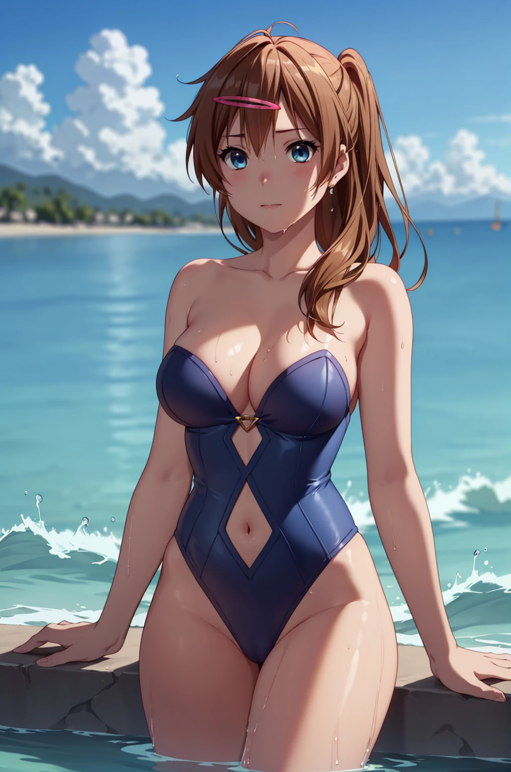 ((masterpiece, Highest quality, High resolution, uhd, Pixel perfect, Depth of written boundary, 4K, RTX, HDR)), 1 Girl, single, alone, 24-years-old, Anime Girls, Beautiful art style, anime character, ((Parted bangs, Brown Hair)), (blue eyes、Round eyes, Delicate eyelashes、Beautiful eyelashes, Perfect Eyes), (Detailed face:1.2), (Smooth texture:0.75, Realistic texture:0.65, Realistic:1.2, Cinematic, Anime CG Style), Perfect body, Ocean:1.3、Moderately good breasts:1.7、Full nudity:1.8、Visible from the thighs:1.9、Wet、Water Drop、Splash、nsfw、visible from below、
