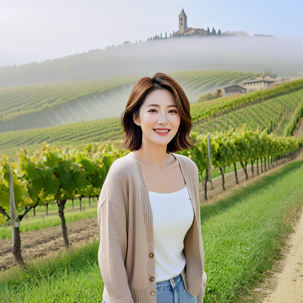 8k best picture quality, Beautiful 36-year-old Korean woman, My skin is good and my eyes are clear and pretty... clear and nice weather. Chest size 34 inches, italian countryside, past the vineyard, A cathedral can be seen in the fog in the distance.., The back background is realistic and vivid quality., Short and medium hair blowing in the wind, Wear a short cardigan neatly over a short-sleeved knit top that completely covers your chest.t. beige jeans, smile. the background is clear, Short and slim Korean woman, stand far away, Photo taken with a wide-angle lens, 1 woman