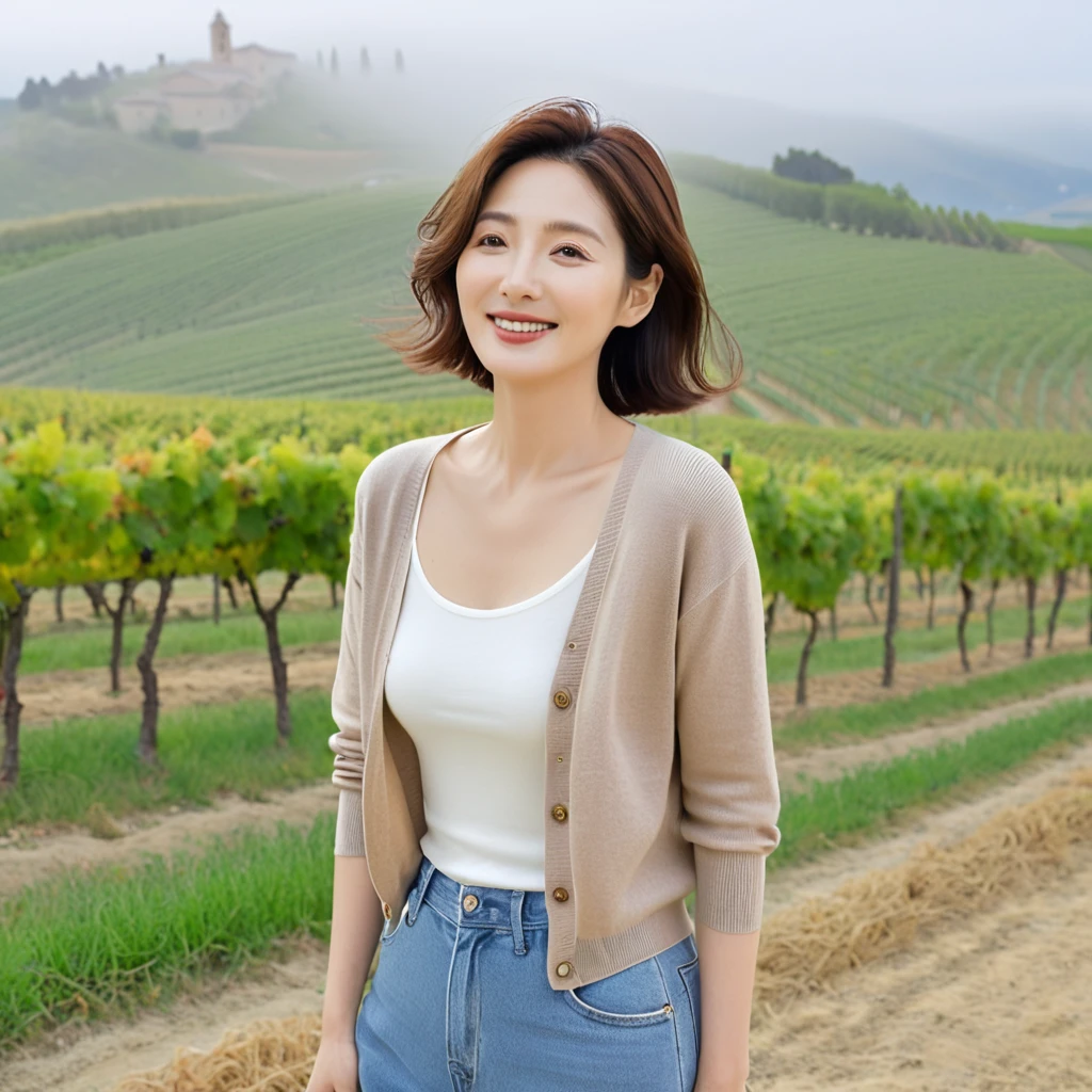 8k best picture quality, Beautiful 36-year-old Korean woman, My skin is good and my eyes are clear and pretty... clear and nice weather. Chest size 34 inches, italian countryside, past the vineyard, A cathedral can be seen in the fog in the distance.., The back background is realistic and vivid quality., Short and medium hair blowing in the wind, Wear a short cardigan neatly over a short-sleeved knit top that completely covers your chest.t. beige jeans, smile. the background is clear, Short and slim Korean woman, stand far away, Photo taken with a wide-angle lens, 1 woman