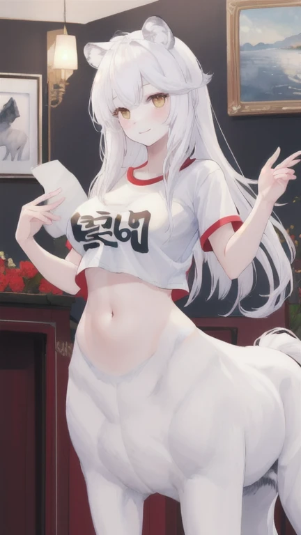 (best quality, masterpiece), 1 girl, centaur, It takes, White skin, korean girl , Smiling, exposing the abdomen,belly button t-shirt, 아름다운 소녀 perfect white tiger photo, perfect white tiger photo