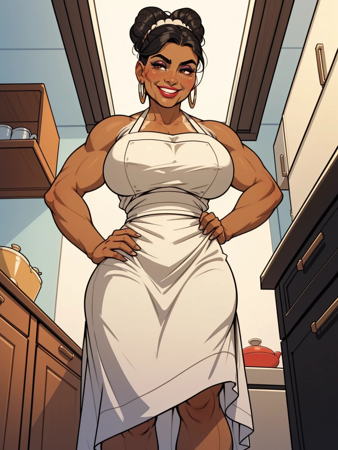 mature woman, solo, 1woman, retro, wearing dress and apron, (tanned skin:1.3), latina, standing in kitchen, modern kitchen, (huge breasts:1.1), muscular, black hair, updo, hair bun, makeup, looking down at viewer, hands on hips, (from below:1.3), (extremely low angle:1.2), smiling, incase