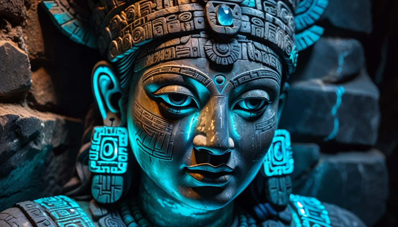 Detailed close-up, Weathered Mayan statue of a woman, Close-up of complex facial features, Glowing crystal veins, Neon streaks against ancient stone, Cracked texture, Mystic energy，bust，Half body with hands，Frontal image