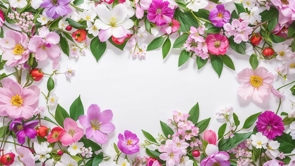 White background in the center、Colorful multicolored flowers, Bohemian Flower Vine, Floral Background, flower details, 夢のようなFloral Background, floral motif, Dreams of flowers, pressed flower, Floral, White background without shadows, 8K、A wreath made of cherry blossom branches and flowers