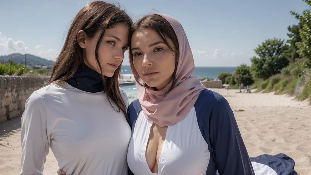 Je souhaite que tu me crées une photo pour l'arrière-plan de mon site web de pyjamas. Je voudrais que cette photo montre deux femmes, l'une portant un burkini et l'autre un maillot de bain 2 pièces d'été, avec un arrière-plan simple ou un arrière-plan qui évoque l'été. Les couleurs à utiliser sont Rose clair, Blanc cassé, Gris clair et Bleu ciel pâle.