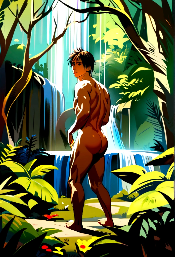 A meticulously detailed painting of Lionel Messi, posing sideways showing her naked ass. In a forest, the light reaches only his body, background waterfall