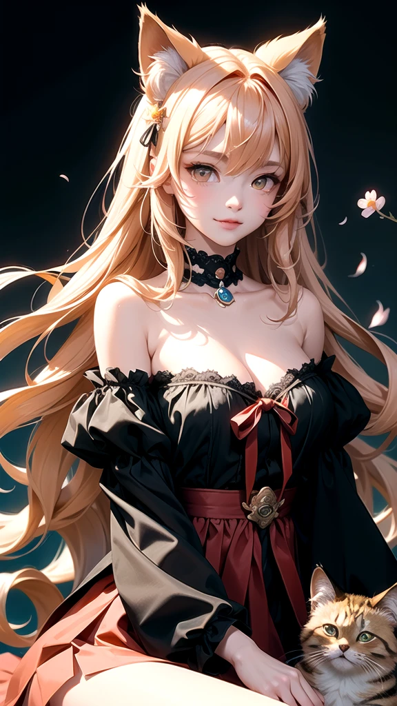 (Highest quality, Masterpiece, high resolution)、(anime art)、,Cinema-grade lighting、soft light、girl、black hair、Striped cat outfit、cat ears、  hair accessories、choker、Charming smile、Medium bust、Nian posted、Jarachi cat((peach blossom background))、Gothic style background,high definition,120K,HD,อุ้มsiberian cat,siberian cat