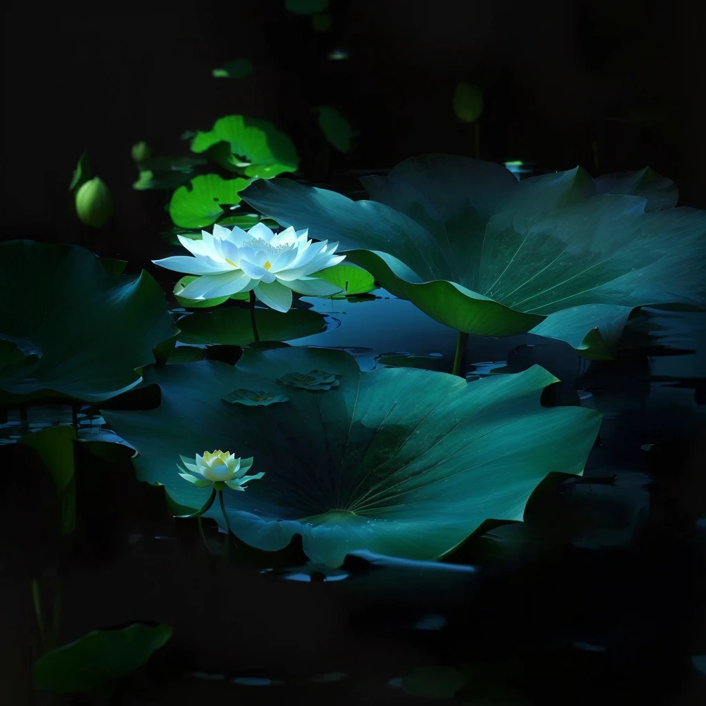 There is a white flower growing out of a leaf, lotus flowers, lotuses, by Liang Kai, lotus flower, Surreal Waizi Flowers, Green luster, lotus, Beautiful nature, standing gracefully upon a lotus, author：Li Keran, author：Shi Rui, author：Li Kan, by Xie Shichen, author：Yang J