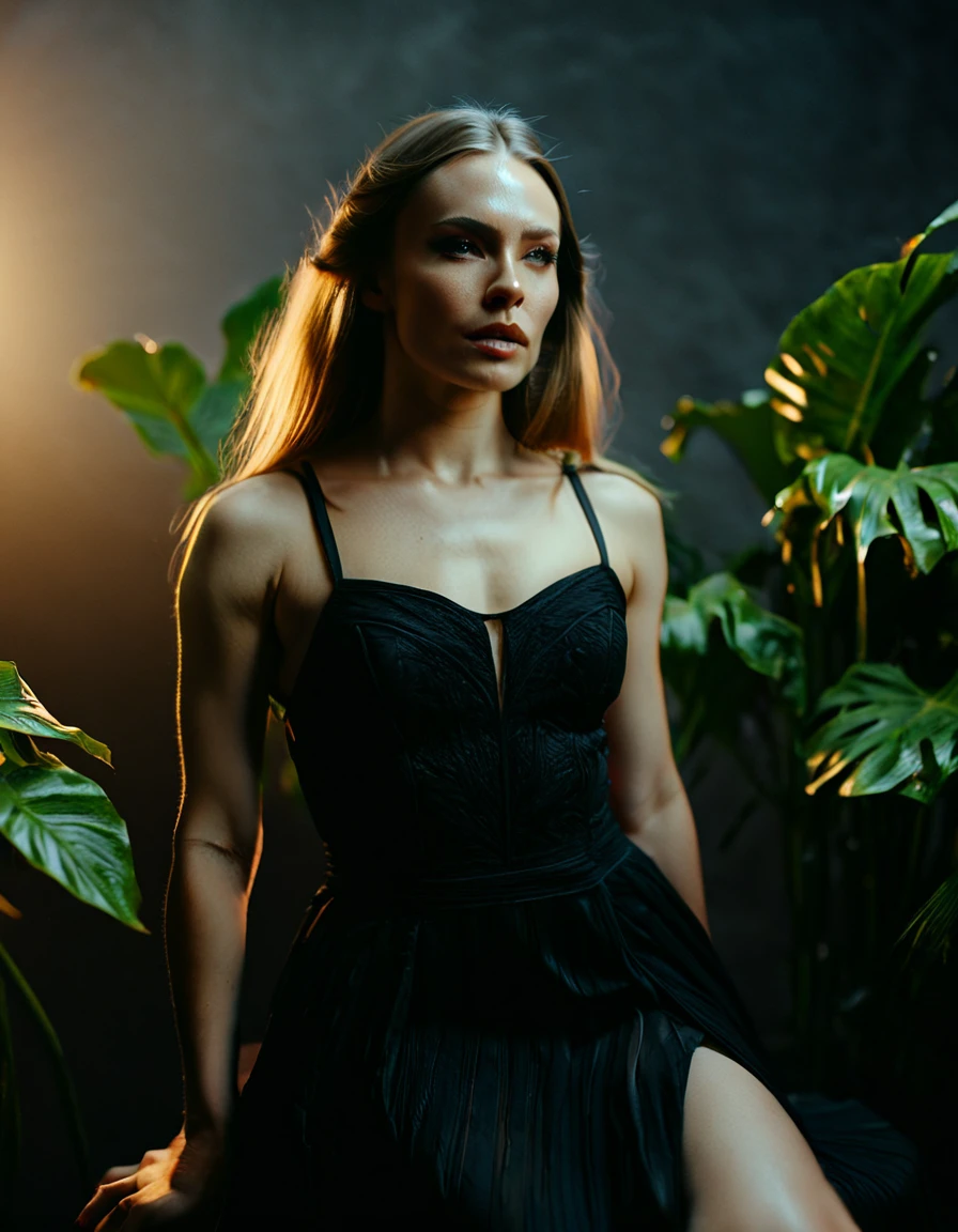 professional photograph of a 26 year old model, by Peter Hegre, photography studio,__perspective__, beautiful evil slavic muscular woman, pale skin, long hair,dressed in elegant long black dress, dynamic model pose, bold lines, hyper detailed,warm natural lighting, cinematic, film grain, sitting, tropical plants on background, (intricate details, masterpiece, best quality:1.4),hyper detailed, bright extensive palette, mesmerizing, dynamic, dramatic, sensual, dynamic pose, highly detailed skin with hair, subcutaneous veins,skin fluff,fine wrinkles,high contrast,best Ray tracing, light and shadow play, highly detailed,24mm photograph, film, bokeh, professional, 4k,