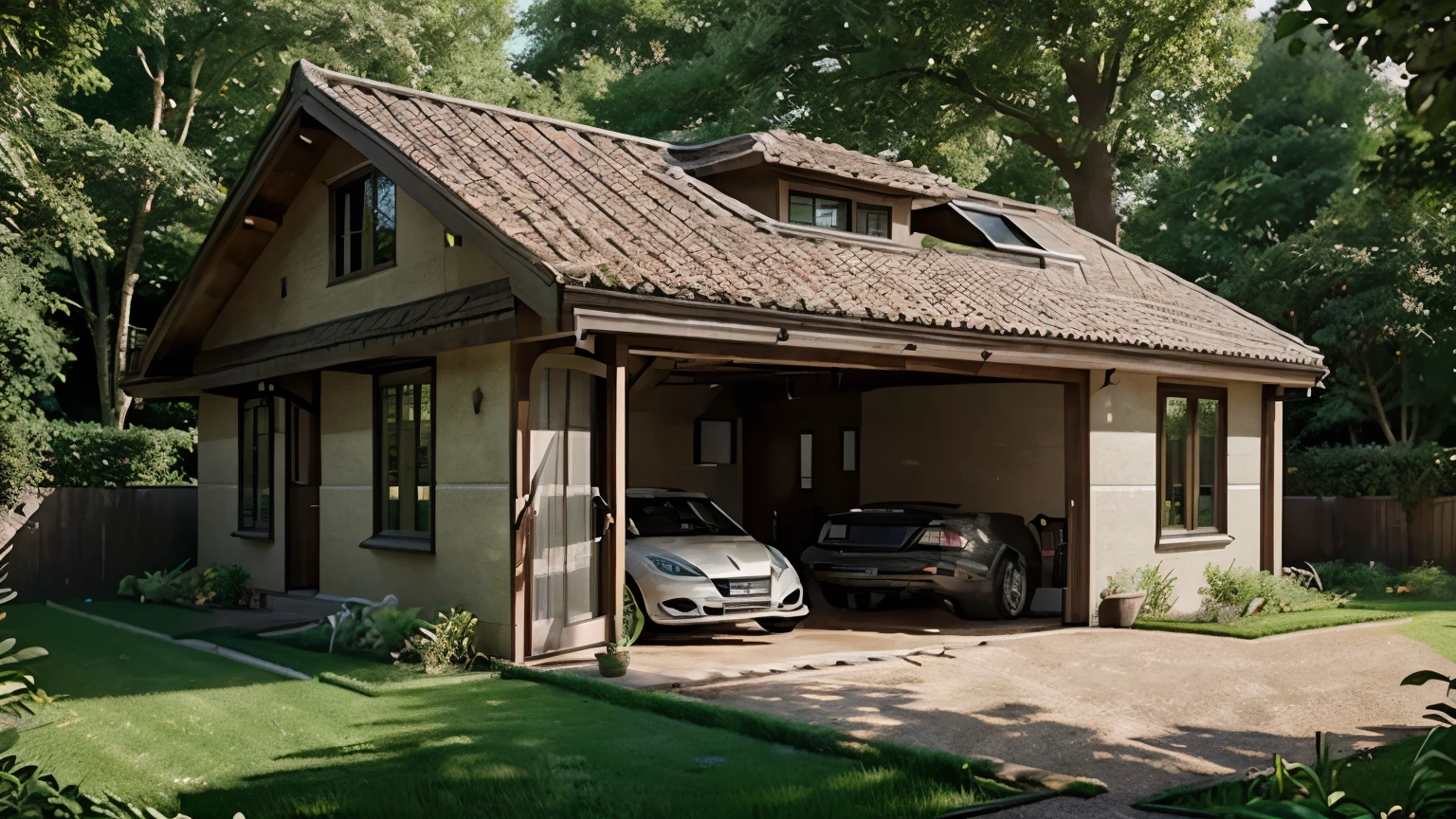 detailed house under the ground with grass roof,  garage, high resolution, 8k, digital art, hyper detailed, photorealistic, intricate architecture, lush greenery, natural lighting, serene atmosphere, stunning design, modern aesthetic, architectural masterpiece