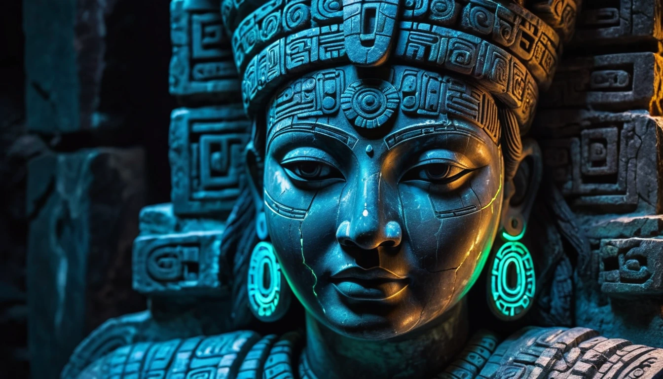 Detailed close-up, Weathered Mayan statue of a woman, Close-up of complex facial features, Glowing crystal veins, Neon streaks against ancient stone, Cracked texture, Mystic energy,bust,Half body with hands,Frontal image