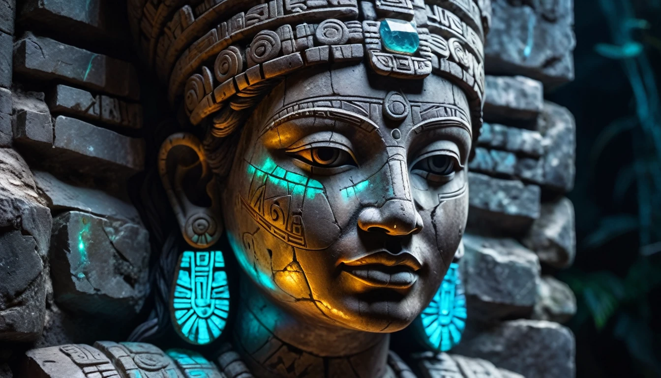 Detailed close-up, Weathered Mayan statue of a woman, Close-up of complex facial features, Glowing crystal veins, Neon streaks against ancient stone, Cracked texture, Mystic energy,bust,Half body with hands,Frontal image