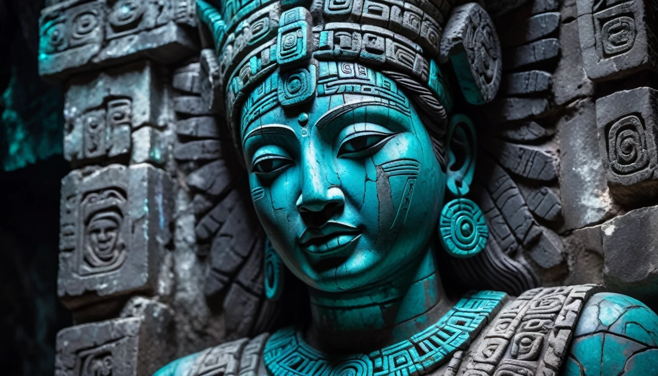 Detailed close-up, Weathered Mayan statue of a woman, Close-up of complex facial features, Glowing crystal veins, Neon streaks against ancient stone, Cracked texture, Mystic energy，bust，Half body with hands，Frontal image