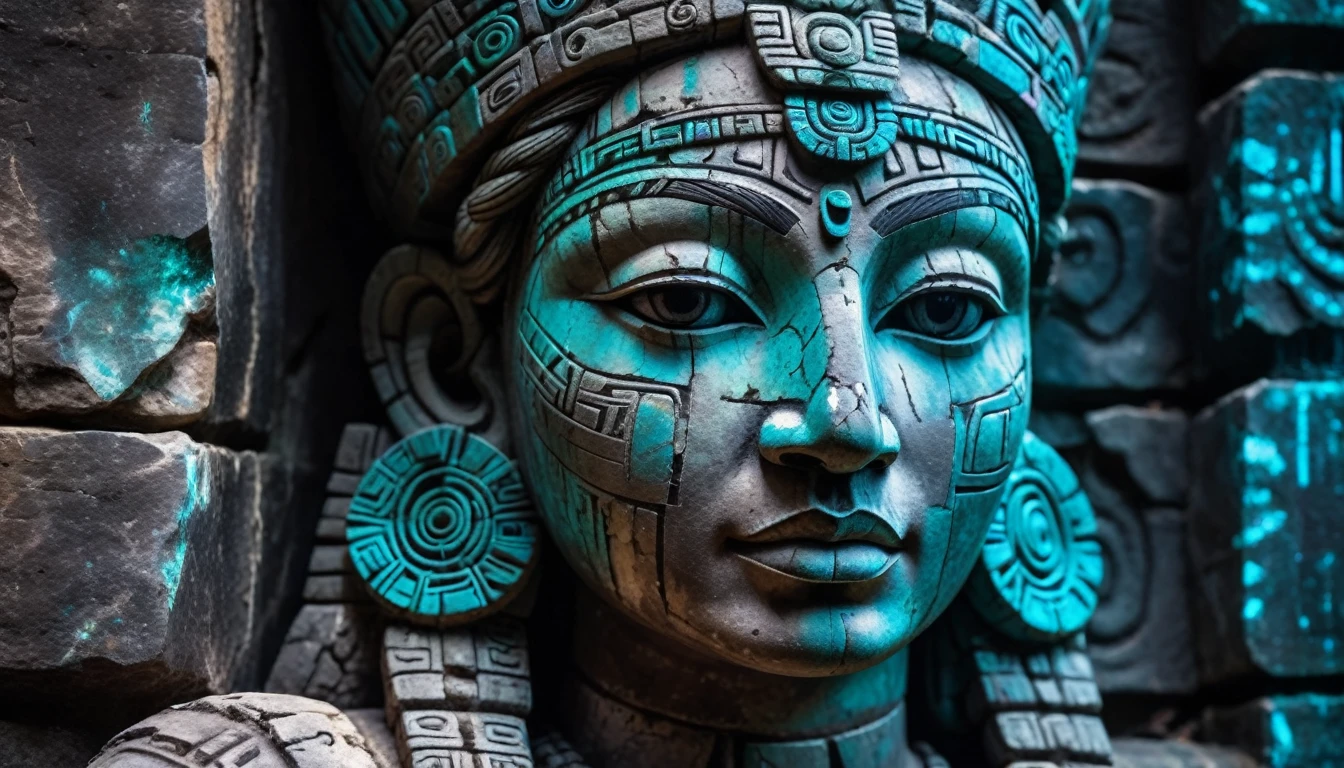 Detailed close-up, Weathered Mayan statue of a woman, Close-up of complex facial features, Glowing crystal veins, Neon streaks against ancient stone, Cracked texture, Mystic energy,bust,Half body with hands,Frontal image