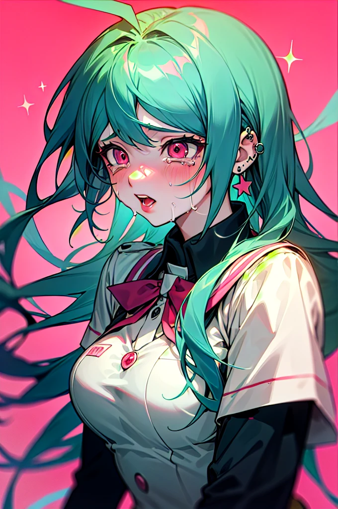 a girl from the danganronpa anime with long turquoise blue hair with green and pink streaks, pink eyes with stars,medium big tits, kibougamine academy uniform, piercings, thick red lips, crying inconsolably and screaming with her face full of her tears because she lost her real love she can’t contain herself and scream