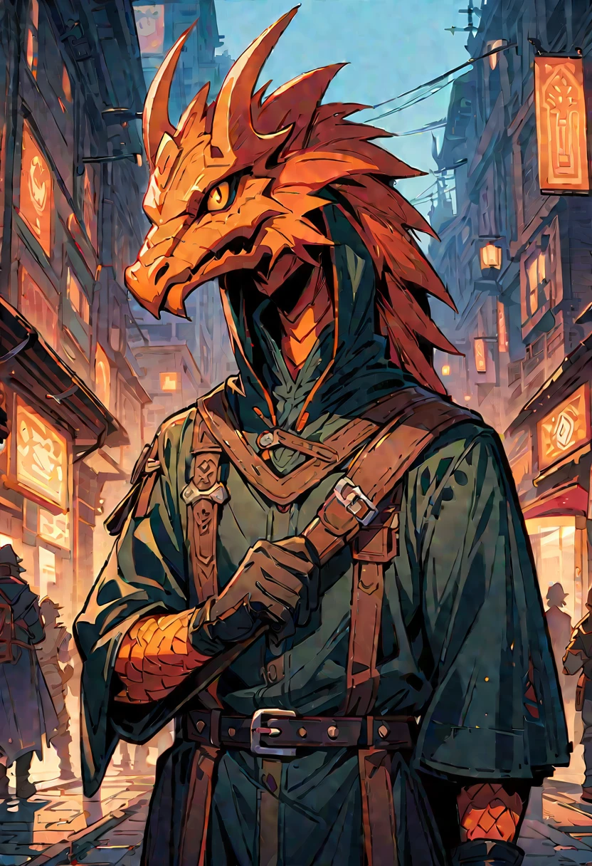DnD character art, fantasy warrior with dragon head helmet and orange scales holding sword in hand standing on city street, green , black leather gloves, high details, in the style of fantasy., upper body