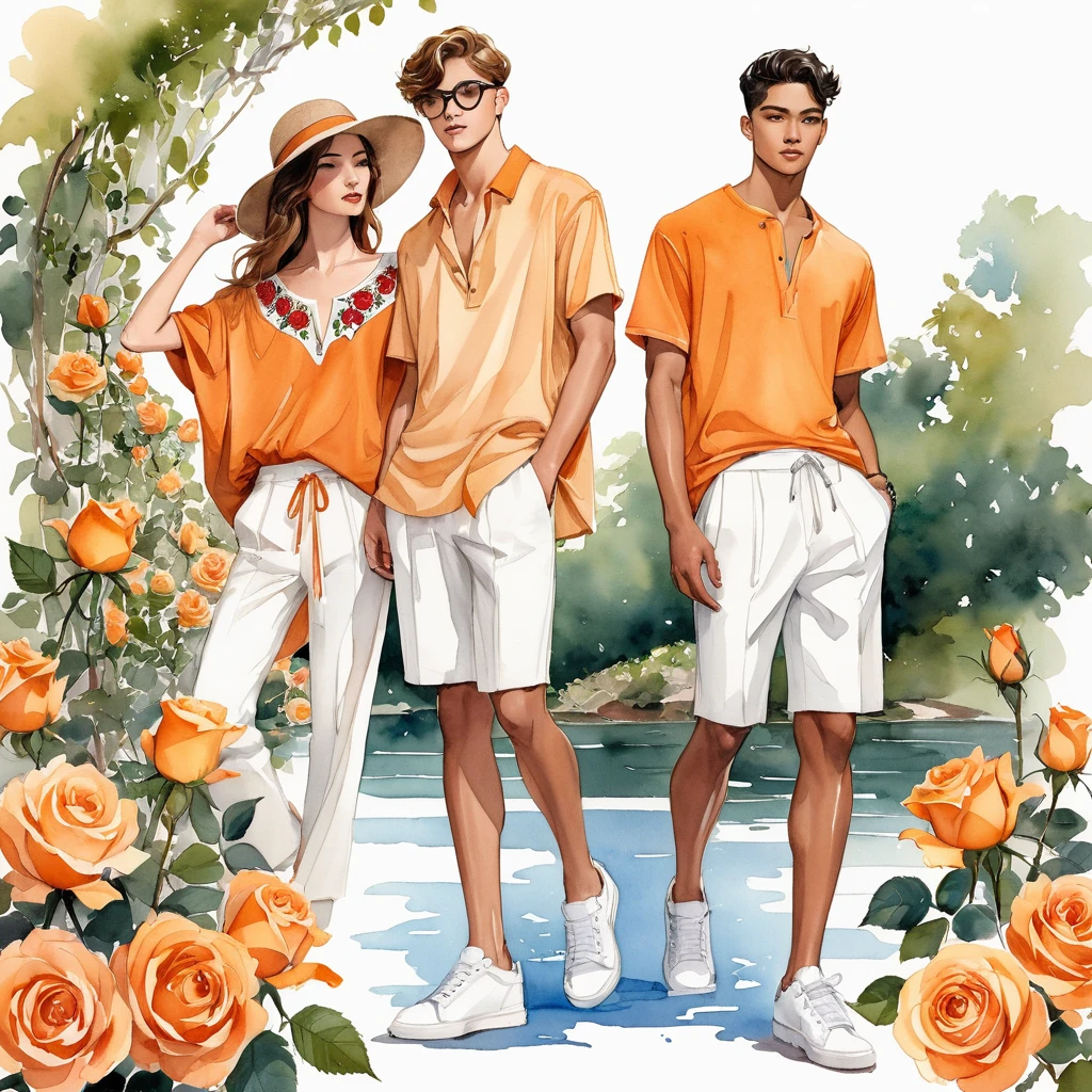 candid fashion illustration of young Mixed race 2man, both aged 18-23 year old, ((showcase fashion look book in linen outfits)), the design inspired of The Lady of Shalott rose by David Austin, in elegant chic style. The man wears an oversized short-sleeved shirt with a minimal rose embroidery details, paired with relaxed-fit white Short with Drawstring, He completes his look with white sneakers and round glasses. The boyfriend complements him in a skinny fitted speedo in a stripe pattern, semi bulge, He resemble includes an accessorizes with a brimmed straw hat and white sneakers, Captured in a low angle, ((full-body image)), ((roses motifs background)), fashion sketching, realistic drawing, ((imperfect water color drawing background)), fashion look book, fashion illustrator, fashion sketch design, gay, gay couple, Lady of Shalott rose , warm orange color. The blooms have a rich apricot-orange hue with golden-yellow undersides, creating a beautiful contrast, The flowers are medium to large, cup-shaped,