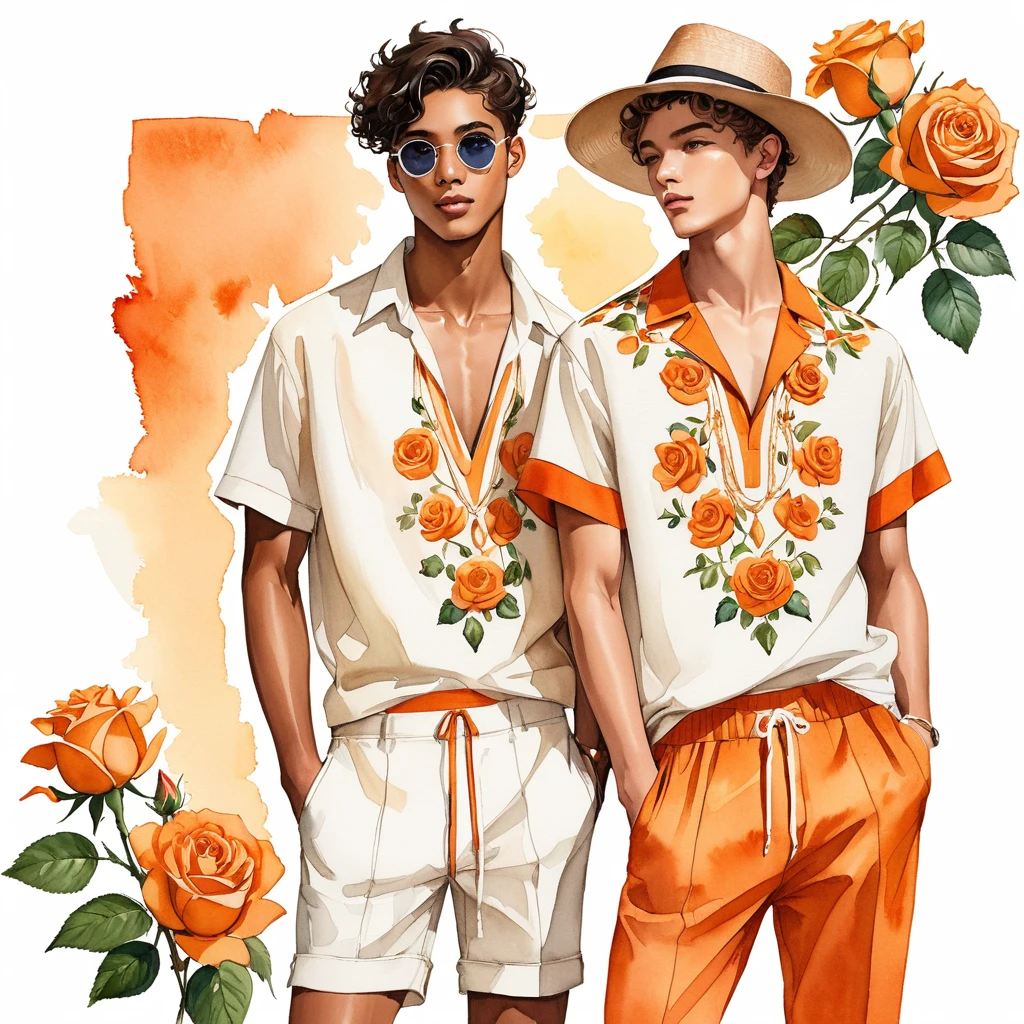 candid fashion illustration of young Mixed race 2man, both aged 18-23 year old, ((showcase fashion look book in linen outfits)), the design inspired of The Lady of Shalott rose by David Austin, in elegant chic style. The man wears an oversized short-sleeved shirt with a minimal rose embroidery details, paired with relaxed-fit white Short with Drawstring, He completes his look with white sneakers and round glasses. The boyfriend complements him in a skinny fitted speedo in a stripe pattern, semi bulge, He resemble includes an accessorizes with a brimmed straw hat and white sneakers, Captured in a low angle, ((full-body image)), ((roses motifs background)), fashion sketching, realistic drawing, ((imperfect water color drawing background)), fashion look book, fashion illustrator, fashion sketch design, gay, gay couple, Lady of Shalott rose , warm orange color. The blooms have a rich apricot-orange hue with golden-yellow undersides, creating a beautiful contrast, The flowers are medium to large, cup-shaped,
