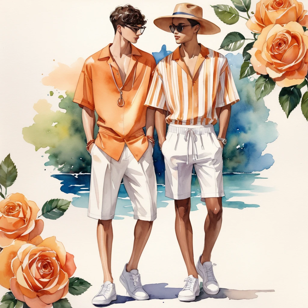 candid fashion illustration of young Mixed race 2man, both aged 18-23 year old, ((showcase fashion look book in linen outfits)), the design inspired of The Lady of Shalott rose by David Austin, in elegant chic style. The man wears an oversized short-sleeved shirt with a minimal rose embroidery details, paired with relaxed-fit white Short with Drawstring, He completes his look with white sneakers and round glasses. The boyfriend complements him in a  skinny fitted speedo in a stripe pattern, semi bulge, He resemble includes an accessorizes with a brimmed straw hat and white sneakers, Captured in a low angle, ((full-body image)), ((roses motifs background)), fashion sketching, realistic drawing, ((imperfect water color drawing background)), fashion look book, fashion illustrator, fashion sketch design, gay, gay couple,  Lady of Shalott rose , warm orange color. The blooms have a rich apricot-orange hue with golden-yellow undersides, creating a beautiful contrast, The flowers are medium to large, cup-shaped, 