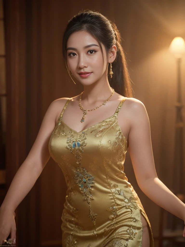 best quality, Masterpiece, height, 1 girl,Chinese dress,The dress is very short, showing off the beautiful proportions.,Big Breasts,little smile, Hold your head high, decorationsผม,necklace, decorations,Beautiful face,when_body, Tyndall Effect,realistic, dark studio, Light around the wheel rim, Two tone light,(Highly detailed skin:1.2), 8K ,King thai serpent , dslr, soft light, High quality, Volumetric light, Straightforward, photograph, high resolution, 4K, 8K, Bokeh, black ponytail hair,