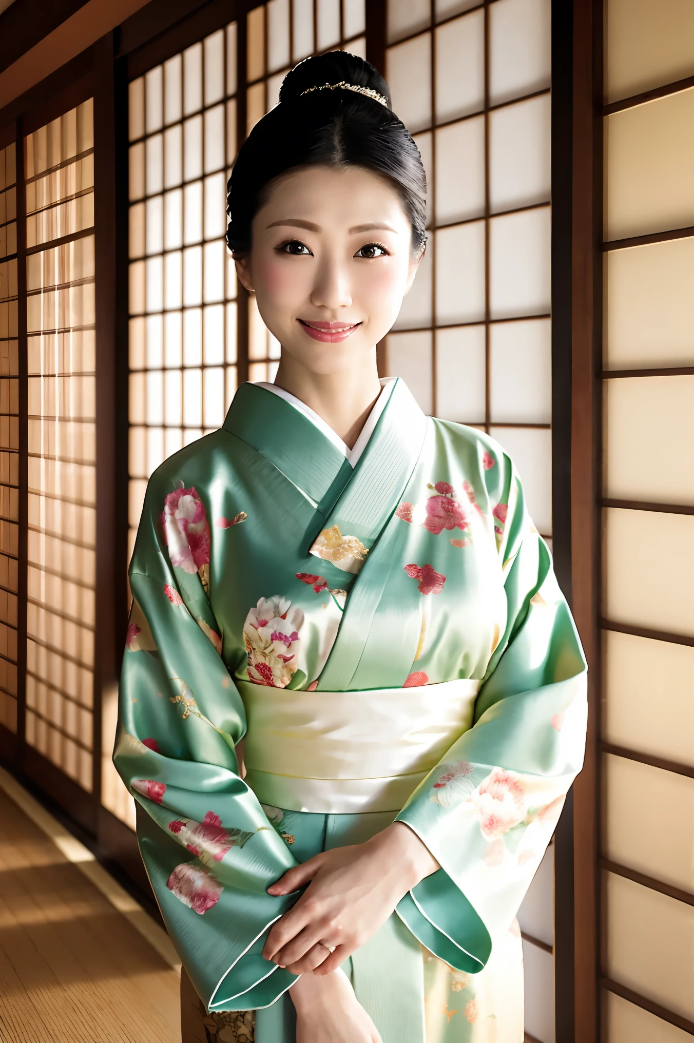 (Highest quality、Tabletop、8K、Best image quality、Award-winning works)、(1 Beautiful Mature Woman:1.1)、(Innkeeper:1.1)、(Elegant floral kimono:1.2)、(A kimono with a perfect and accurate collar:1.2)、Perfect Mature Woman Portrait Photo、Glowing Skin、Standing Elegantly、(Blurred elegant and elaborate perfect Japanese style room background:1.3)、(The most natural and perfect tidy Japanese-style room background:1.2)、(Elegant and luxurious Japanese style room background:1.1)、Glowing White Skin、Very white skin、(Accentuate your body lines:1.1)、(The most elegant posture:1.2)、(Large Breasts:1.2)、(Chignon:1.2)、(Accurate anatomy:1.2)、(A smile looking at me:1.2)、(Stand elegantly facing forward:1.2)、(Front view:1.1)