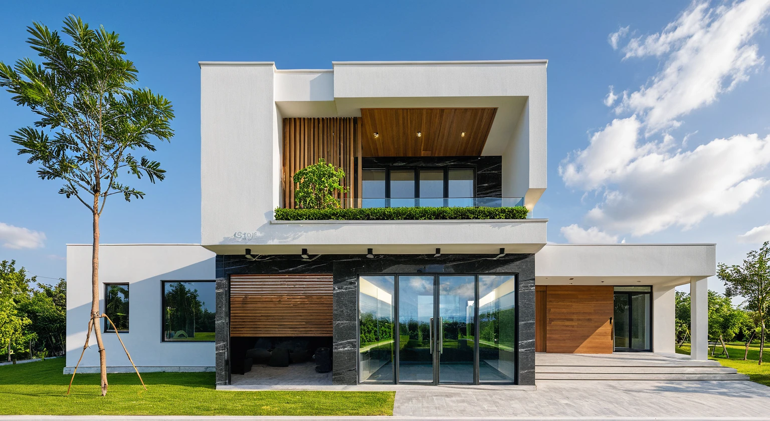 Masterpiece, high quality, best quality, authentic, super detail, outdoors, onestoreyvillaXL, aiaigroup, house style modern on the street ,stairs, white wall ,road,pavement, grass, trees, sky, cloud, (daylight:1.1),((pool front of villa))