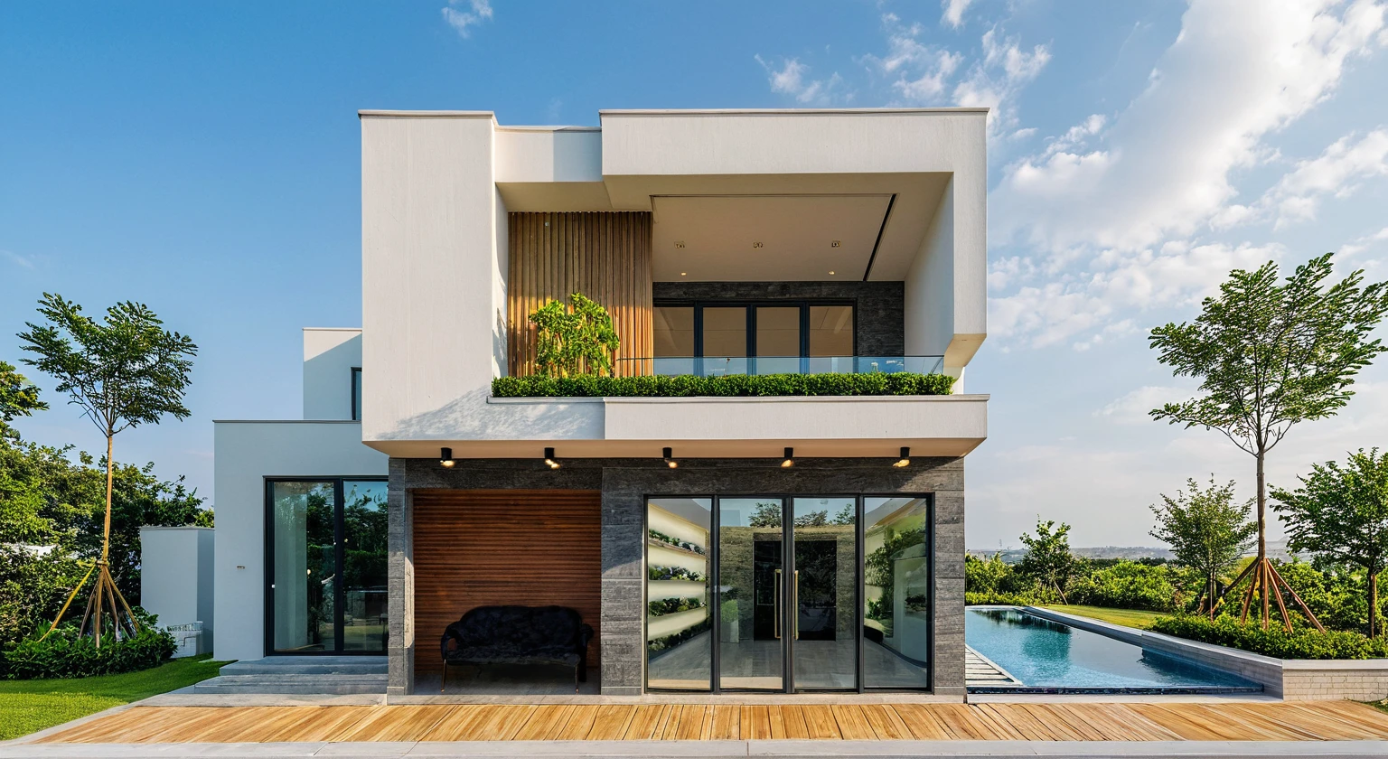 Masterpiece, high quality, best quality, authentic, super detail, outdoors, onestoreyvillaXL, aiaigroup, house style modern on the street ,stairs, white wall ,road,pavement, grass, trees, sky, cloud, (daylight:1.1),((pool front of villa))
