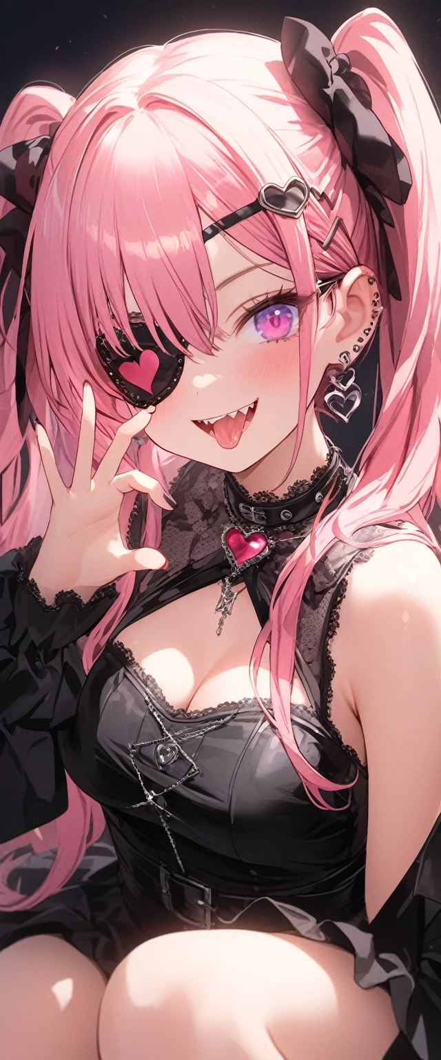 female\((cute,eye patch\(very cute, gothic fashion,heart mark\):1.3),,(side view:0.3),skin\(white,pale,smooth,silky,shiny\),eyes\(beautiful,many star-shaped highlights\),wearing makeup\(pink\),(evil smile:1.3),open mouth,sharp teeth,long tongue,hair\(pink,twintails,floating,rolled,detailed,shiny\),hairclip\(heart\),costume\(pink (frilled) dress\),eye corners\(pink:1.3\),(narrow eyes),very cute pose,(breast:1.n cleavage, cute n,many accessories\), BREAK ,background\(harajyuku\(tokyo,japan\),at night,cute,fancy,dark\), BREAK ,quality\(8k,wallpaper of extremely detailed CG unit, masterpiece,hight resolution,top-quality,top-quality real texture skin,hyper realisitic,increase the resolution,RAW photos,best qualtiy,highly detailed,the wallpaper,cinematic lighting,ray trace,golden ratio\),(dynamic angle),(close up of face:1.8),looking down at viewer,from below,better hands
