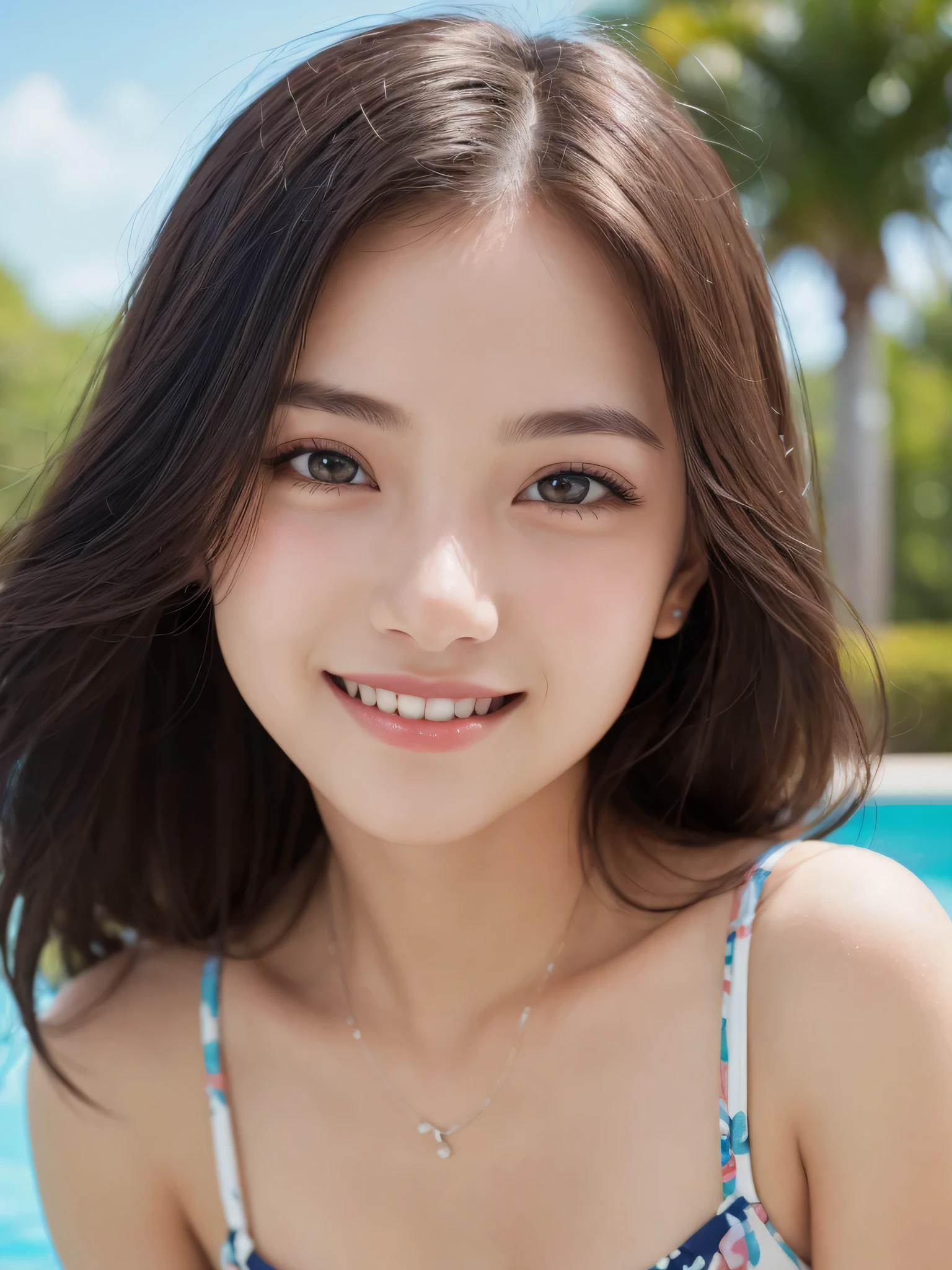 (1woman), kawaii, (round eyes:1.2), (highly detailed face and eyes),  Amazing face and eyes, (big smile), bikini, (Best Quality:1.4), (Ultra-detailed), (extremely detailed CG unified 8k wallpaper), Highly detailed, High-definition raw color photos, Professional Photography, Realistic portrait, summer, (pool), (fine face:1.2),