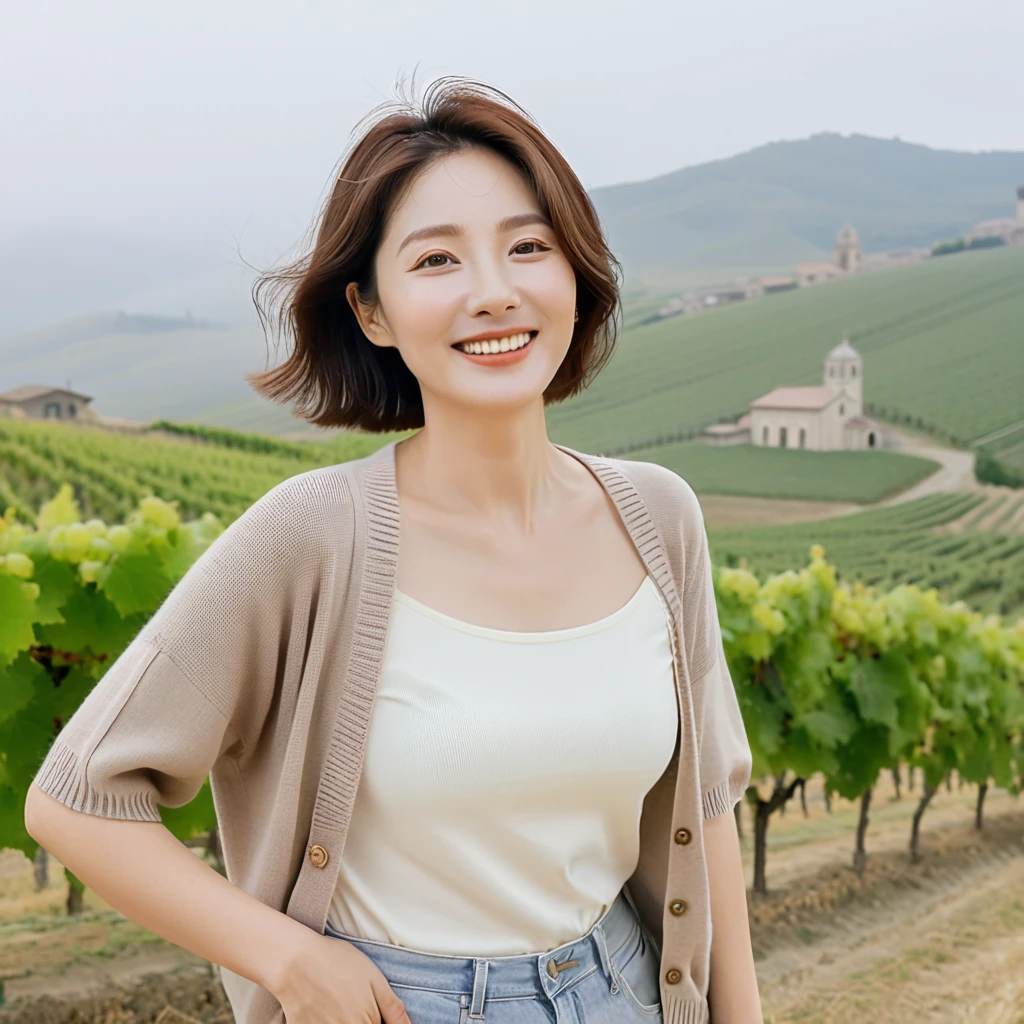 8k best picture quality, Beautiful 36-year-old Korean woman, My skin is good and my eyes are clear and pretty... clear and nice weather. Chest size 34 inches, italian countryside, past the vineyard, A cathedral can be seen in the fog in the distance.., The back background is realistic and vivid quality., Short and medium hair blowing in the wind, Wear a short cardigan over a short-sleeved knit top that completely covers your chest. beige jeans, smile. the background is clear, Short and slim Korean woman, stand far away, Photo taken with a wide-angle lens, 1 woman