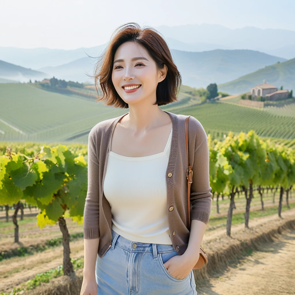 8k best picture quality, Beautiful 36-year-old Korean woman, My skin is good and my eyes are clear and pretty... clear and nice weather. Chest size 34 inches, italian countryside, past the vineyard, A cathedral can be seen in the fog in the distance.., The back background is realistic and vivid quality., Short and medium hair blowing in the wind, Wear a short cardigan over a short-sleeved knit top that completely covers your chest. beige jeans, smile. the background is clear, Short and slim Korean woman, stand far away, Photo taken with a wide-angle lens, 1 woman