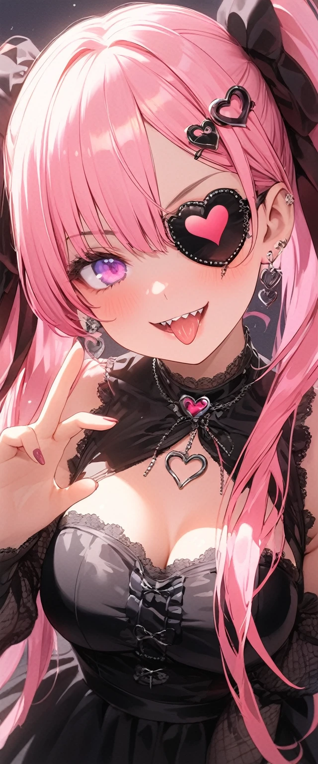 female\((cute,eye patch\(very cute, gothic fashion,heart mark\):1.3),age of 12,(side view:0.3),skin\(white,pale,smooth,silky,shiny\),eyes\(beautiful,many star-shaped highlights\),wearing makeup\(pink\),(evil smile:1.3),open mouth,sharp teeth,long tongue,hair\(pink,twintails,floating,rolled,detailed,shiny\),hairclip\(heart\),costume\(pink (frilled) dress\),eye corners\(pink:1.3\),(narrow eyes),very cute pose,(breast:1.3),open cleavage, cute hand sign,many accessories\), BREAK ,background\(harajyuku\(tokyo,japan\),at night,cute,fancy,dark\), BREAK ,quality\(8k,wallpaper of extremely detailed CG unit, masterpiece,hight resolution,top-quality,top-quality real texture skin,hyper realisitic,increase the resolution,RAW photos,best qualtiy,highly detailed,the wallpaper,cinematic lighting,ray trace,golden ratio\),(dynamic angle),(close up of face:1.8),looking down at viewer,from below,better hands