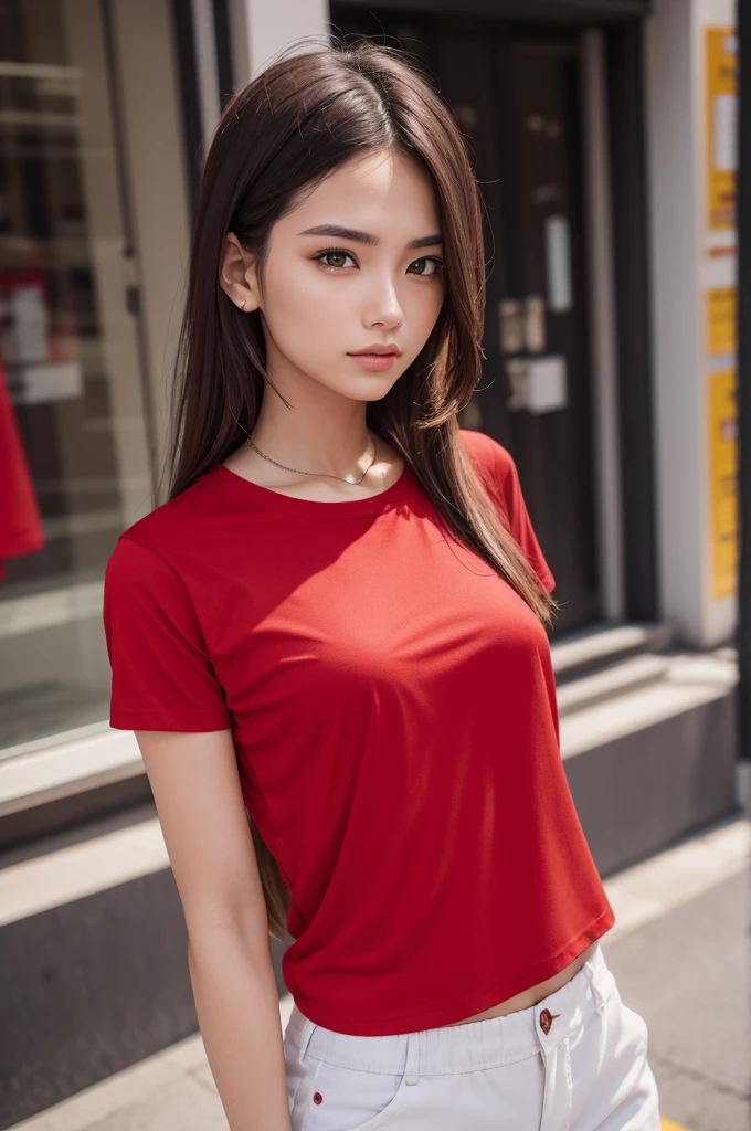 Model with red t-shirt without pocket, without print