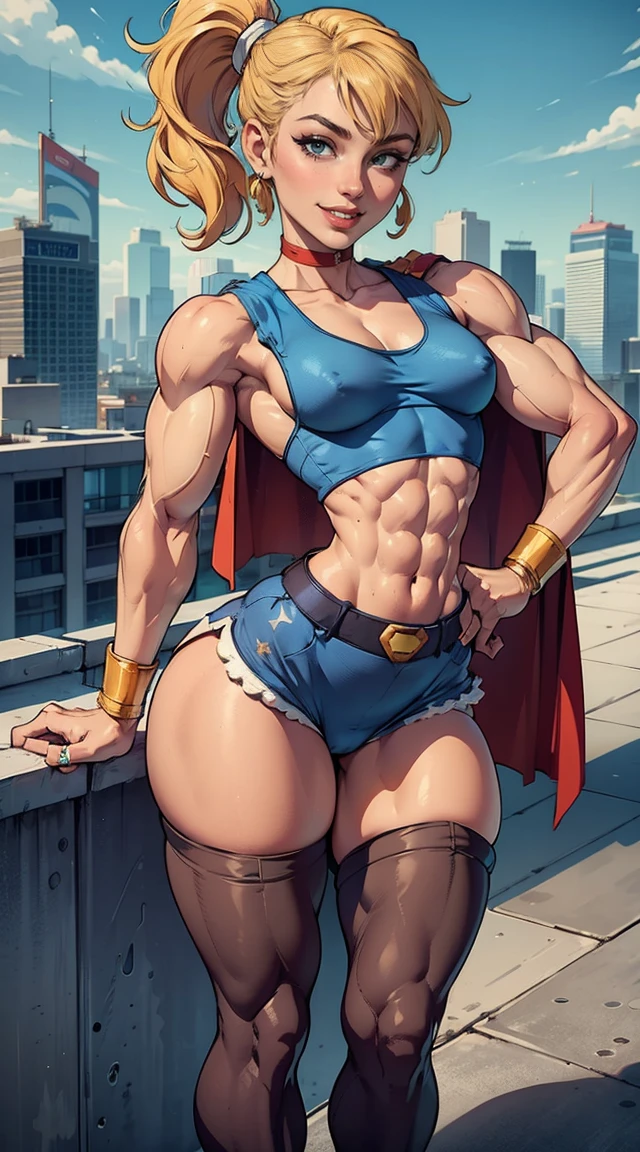 (Muscular:1.9), (thick thighs:1.8),
(blonde female), (supergirl:1.5), (big smile:1.7), (blunt bangs), (ponytail:0.8),
earrings, lipstick, eyeshadow,
(hard nipples), (small breasts:2),
(blue sleeveless tanktop, midriff, speedo, stockings:1.9), (small cape:1.3), (choker:1.2), (active pose:1.5),
looking at viewer, three quarter view, (upper body view), sideboob,
(rooftop, skyline background:1.3), rim lighting, two tone lighting, dim lighting, bokeh, detailed skin, detailed eyes