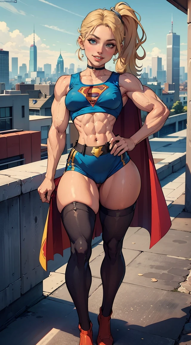 (Muscular:1.9), (thick thighs:1.8),
(blonde female), (supergirl:1.5), (big smile:1.7), (blunt bangs), (ponytail:0.8),
earrings, lipstick, eyeshadow,
(hard nipples), (small breasts:2),
(blue sleeveless tanktop, midriff, speedo, stockings:1.9), (small cape:1.3), (choker:1.2), (active pose:1.5),
looking at viewer, three quarter view, (upper body view), sideboob,
(rooftop, skyline background:1.3), rim lighting, two tone lighting, dim lighting, bokeh, detailed skin, detailed eyes