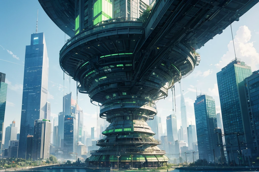 Futureuturistic city, skyscraper, green theme, green light, HDR, 4k resolution, blue light, high contrast