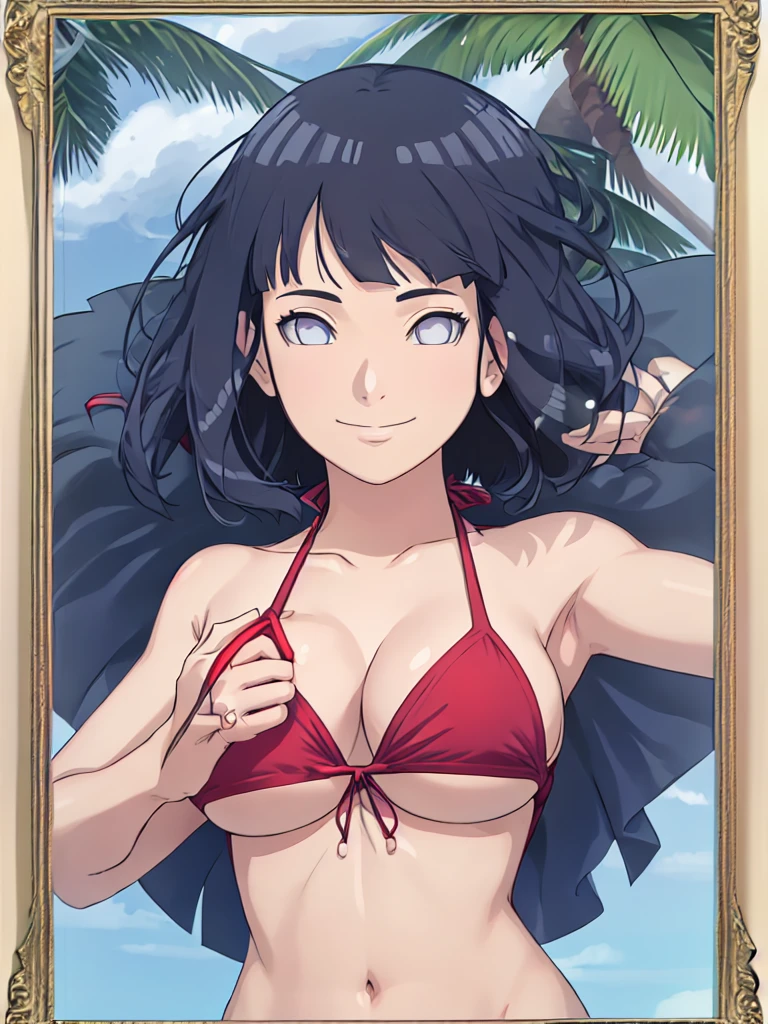 (hinata\(boruto\), (high quality:1.8), (upper body:1.7), (scene inside photo frame:1.8), ), (naked:1.3), (naked:1.3), (red bikini:1.6), (palm tree:1.5), (smile:1.1), (toned body:1.2), (shiny skin:1.3), (biceps:1.0), (ultra detailed:1.5), (background: windy beach). (anime, tall woman, cowboy shot, (defined abdomin:0.9), ((bare arms, bare arms, bare shoulders)), (long belly:1.2), (wide shoulders, off-shoulders), smile), (big breasts:1.4), ((pale skin)). ((dark blue:1.3, short hair, hime cut، loose hair, floating hair, floating hair),
