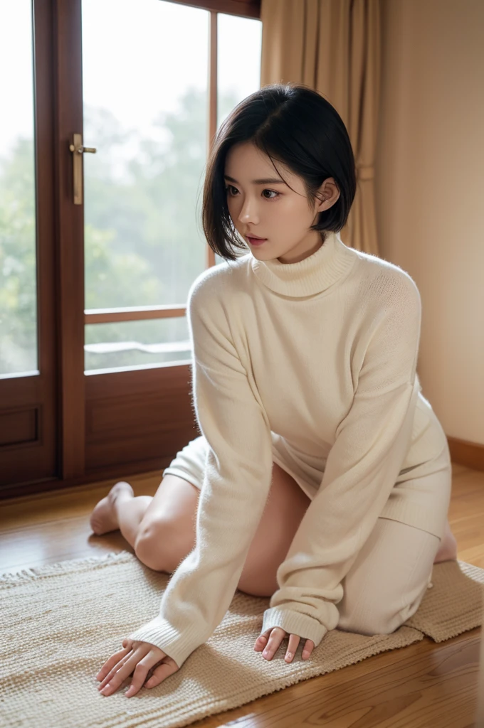 (Tit, Turtleneck Knit, Shoulder Bag), (Top Quality, Masterpiece: 1.3, Ultra High Resolution,), (Ultra Detail, Caustics), (Photoreal: 1.4, RAW Shooting,) Ultra Realistic Capture, Very Detail , High definition 16K of human skin, natural skin texture, skin tone looks even and healthy, uses natural light and colors, 1 female, 25 years old Japanese, cute, black hair, medium hair, ( Depth of boundary notation, chromatic aberration, wide lighting range, natural shading, ), (hair swaying in the wind: 1.2), room, crawling on all fours, massage costume, exposed skin, short skirt, short cut