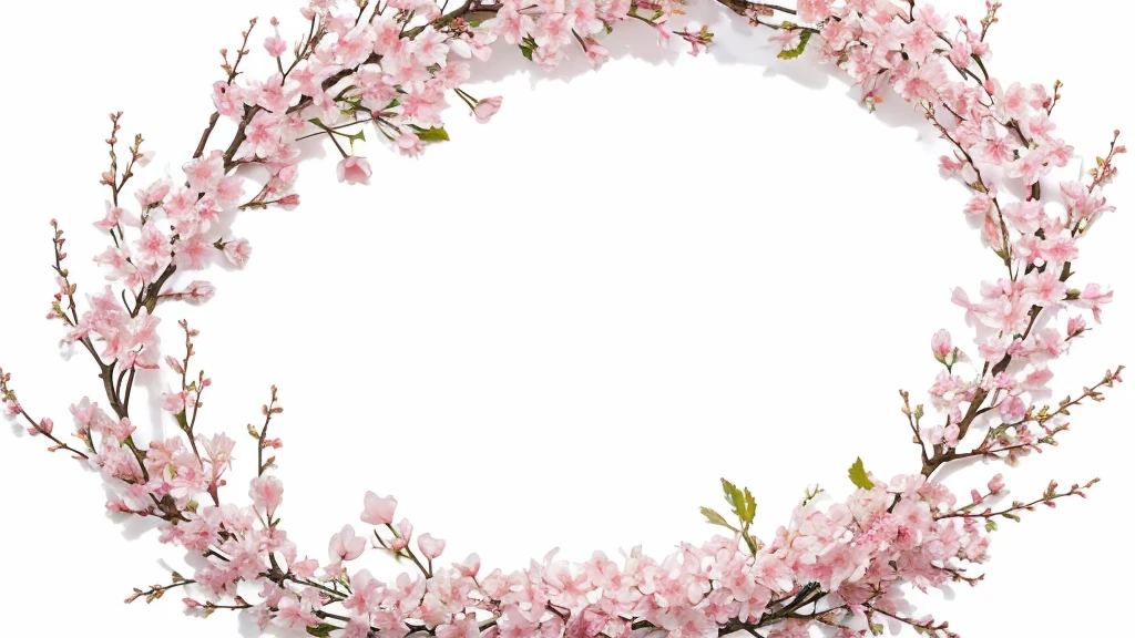 White background in the center、A wreath made of vibrant cherry blossom flowers and branches、There is a small space in the center