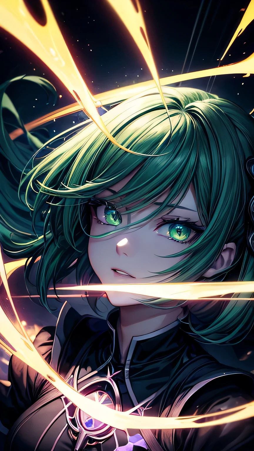 (Phone wallpaper), (masterpiece:1.2、highest quality), (Exquisite eyes: 1.2), (Detailed Background、Dark fantasy), (beauty detailed face), High Contrast, (Best lighting、Very delicate and cute), ((Cinema Lighting) )), colorful, Hyper Detail, Dramatic Light, Intricate details, (1 girl, solo, green short hair, green hair, Sharp Face, green eyes, Hair green between the eyes, Dynamic Angle), Black light swirling around the character, Depth of written boundary, black light particles, Nightcore, black magician, Spectacular anime style, zerochan art, Anime Wallpaper, Burning, High quality anime art style, Key Anime Art