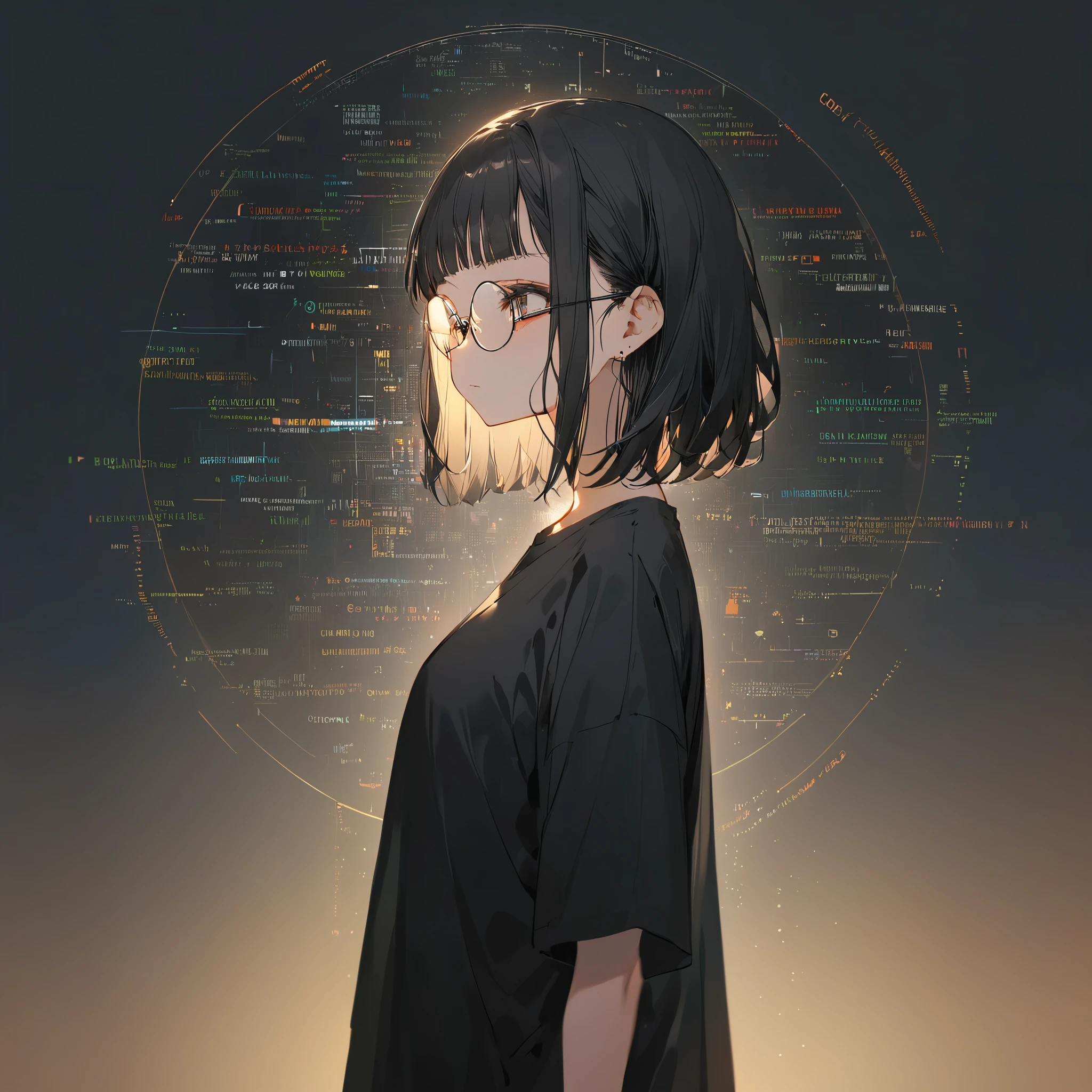 beautiful girl，Black hair bangs, Wearing an oversized black T-shirt，Wearing round glasses，Background is programming code，Face facing forward and up