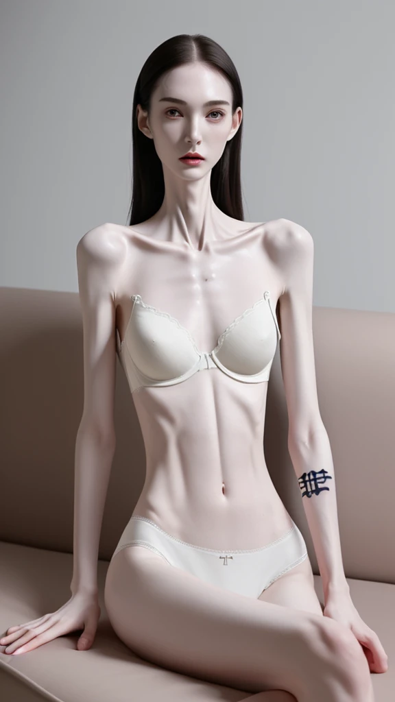 a woman, very thin body, body visible bones, very slender , sweaty weat body, pale white skin, panties, bra,tatto, full body, sit at the sofa