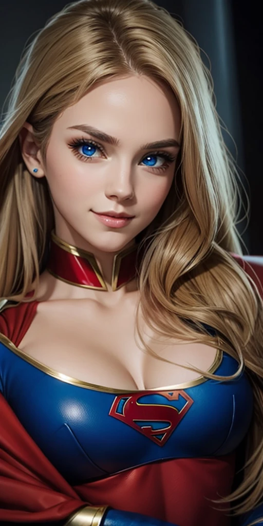 The character Supergirl, perfect blue and red costume with the traditional "S" in the chest, red cape, shiny little blue eyes, extremely beautiful blond hair, beautiful smile , perfect anatomy and extremely beautiful face, hyperrealistic face